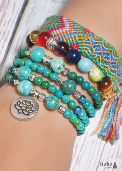 Boho Bracelet, Layers Blue Turquoise Mala Red Mantra Lotus